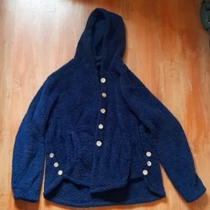 fluffy blue button up sweater